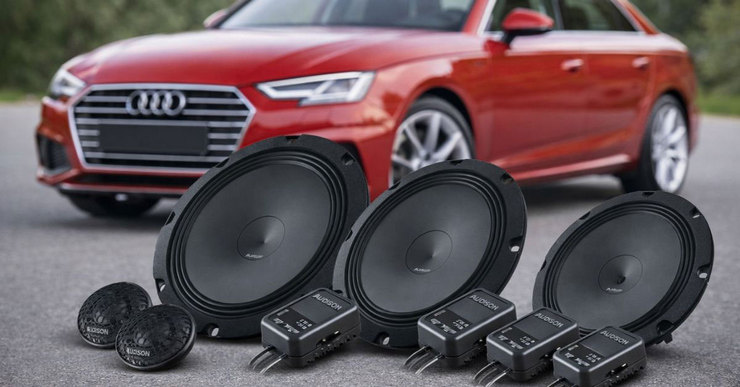 Комплект динаміків Audison для Audi A4 B9 на тлі червоного Audi A4 B9 без номерного знака